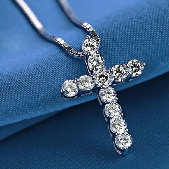 New Simulated Diamonds Sterling Silver 18” Classic Cross Pendant Necklace - Picture 2 of 6